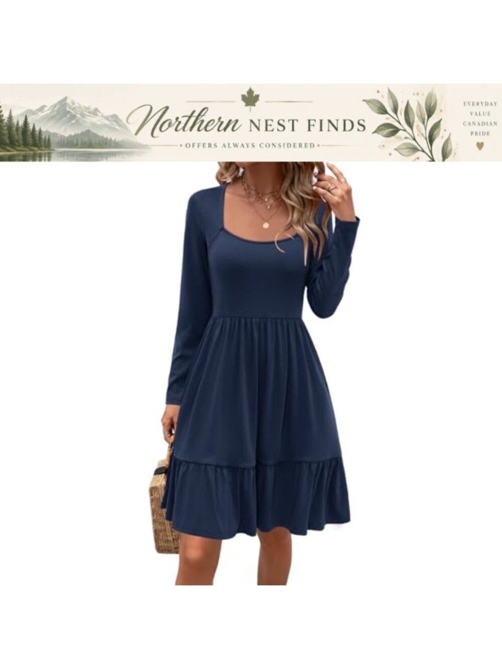 Long Sleeve A-Line Midi Dress with Pockets Square Neck Casual